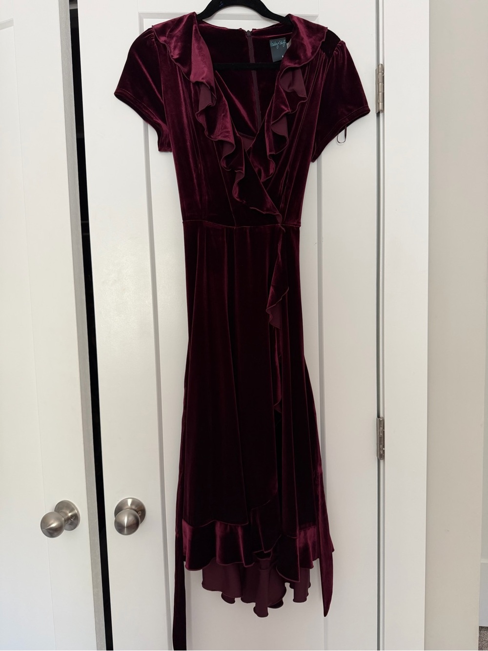 Gabby Skye Burgundy Velvet Ruffle Tie Dress